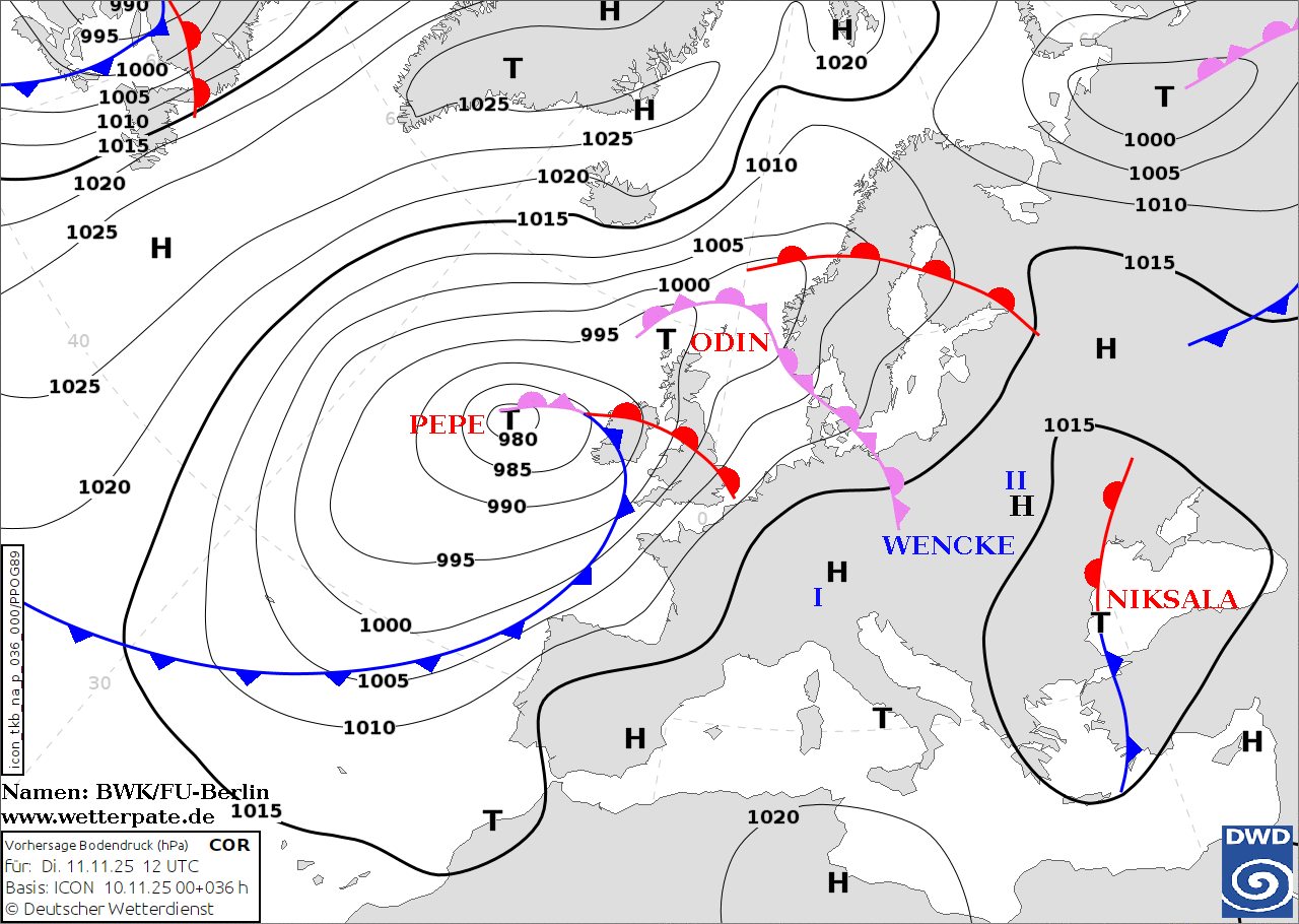 Можливо, це зображення (карта та текст «995 1000 1005 1010 1015 1020 1020 1025 T ဒ်ျ1025 1025 سنم H _1025 1020M 1020 -1015 H 1010 T 40 1000 1005 1025 -1000 1005 -1010 995 1015 ODIN PEPE T 980 985 H 990 1015 995 II H 1000 WENCKE H I -1005 1010 T 1020 oroo ست 66 Namen: BWK/FU-Berlin www.wetterpate.de 1015 /orhersage Bodendruck arhersageBodendruck(hPa) (hPa) COR für: i.11.11.25 2UTC Basis ICON 10.11.2500+036h DeutscherWetterdienst NIKSALA H 1020 DWD»)