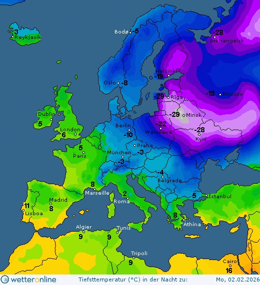 На зображенні може бути: карта та текст «-Reykjavik Bodo.-5 Bodo- Arkhangelsk Oslo.-8 Dublin -Mascow London 6 Berlin -29 Minsk} Warszawa Paris Müncher Kyiu 8 Marseille Madrid 8 Belgrade 11 Lisboa Roma Istanbul Algier 9 Tunis Athína Tripoli wetter wetteronline nline Tiefsttemperatur (℃) in der Nacht zu: Cairo 16 Mo,02.02.2026 Mo,»