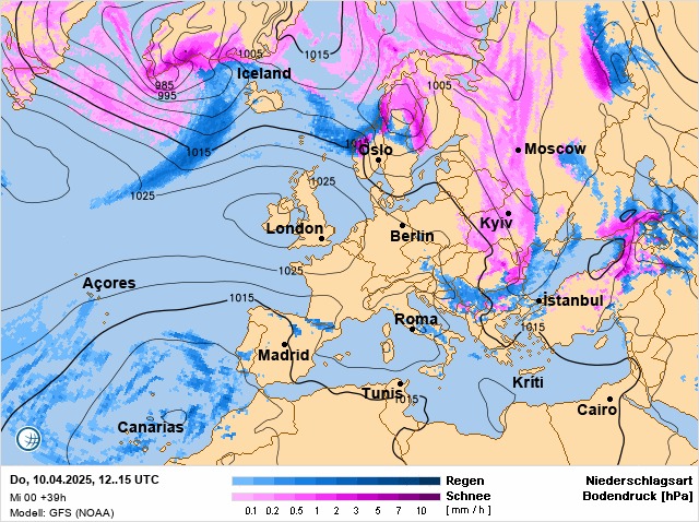 Можливо, це зображення (карта та текст «21005_ 1015 Iceland 1025 Moscow London Açores Bertin 1015 istanbul Madrid Canarias Do, 10.04.2025, 12..15 12..150 UTC Mi +39h Model: GFS (NOAA) Cairo D.1 0.10205123671 10 Regen Schnee [mm/h] Niederschlagsart Bodendruck [hPa]»)