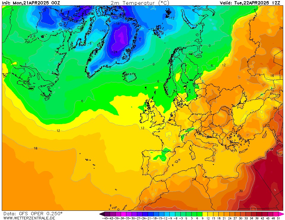 Можливо, це зображення (карта та текст «Init: Mon,21APR2025 Mon, ooZ 2m Temperatur "C) Valid: Tue Tue,22APR2025 12Z 12- 18 Data: GFS OPER 0.250° WWW。 WWETTERZENTRALE.DE DE 18-15-12-9»)