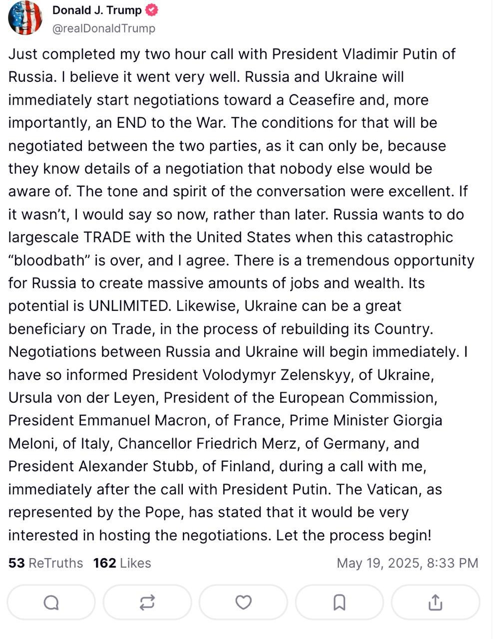 Заява Дональда Трампа щодо переговорів з Путіним. / © Фото з відкритих джерел